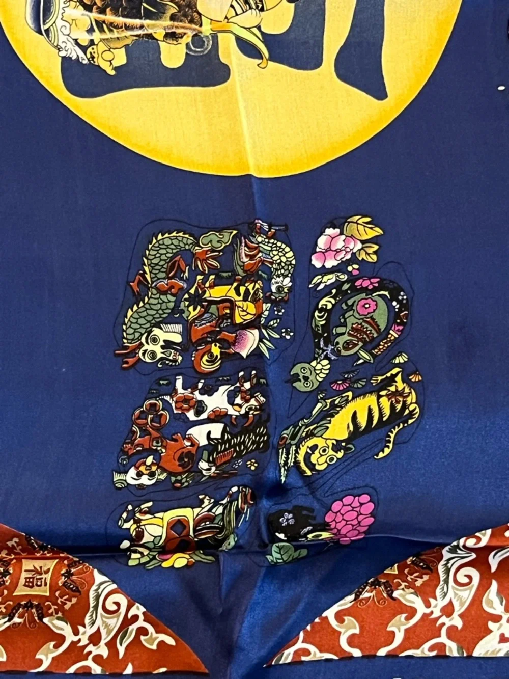 Vintage Silk Scarf Chinese Motif Beautiful colorful Silk Scarf Hand Rolled Edge